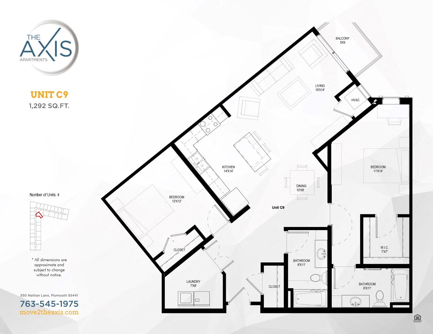 Floor plan for 2 beds, 2 baths, 1292 sqft